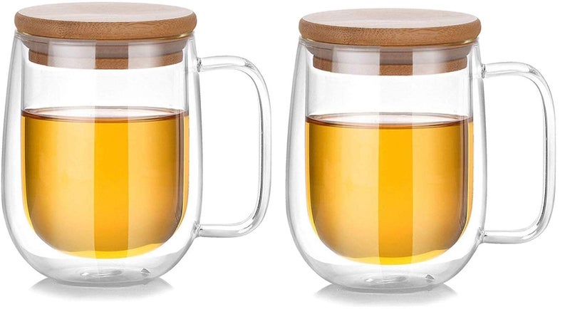 we3 Espresso Latte Glass Cups Double Wall Glass Mugs (250 ml), Heat Resistant Borosilicate Glass Cups with Handle with Lid Perfect for Latte, Cappuccino, Tea and Drinks. (Pack of 2) - Image 1