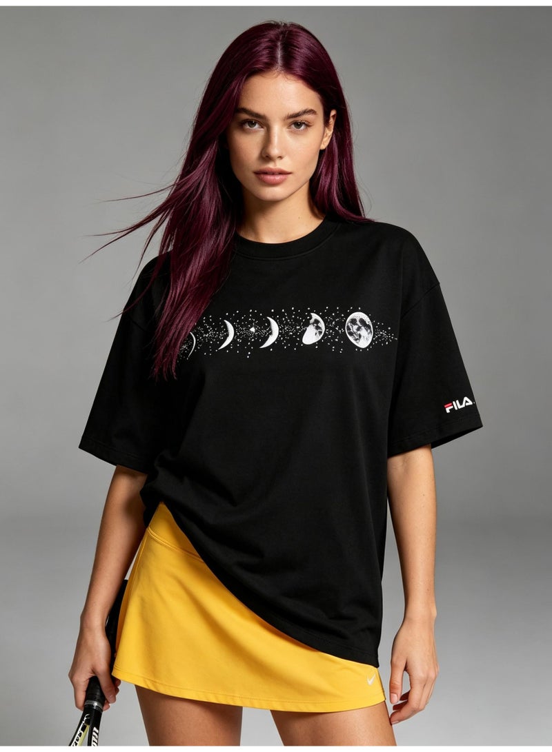 FILA Before and after FILA, double-printed moon and starry sky lovers' summer cotton loose short-sleeved T-shirts for men and women. - Image 4