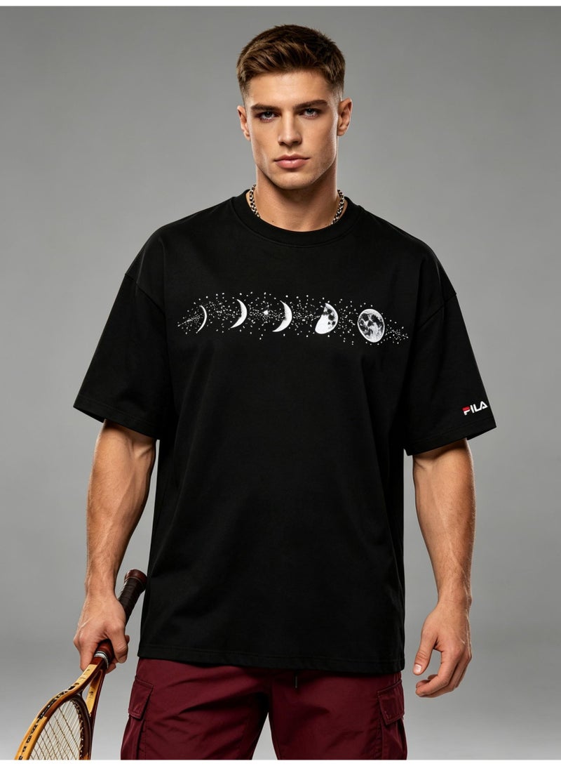 FILA Before and after FILA, double-printed moon and starry sky lovers' summer cotton loose short-sleeved T-shirts for men and women. - Image 2