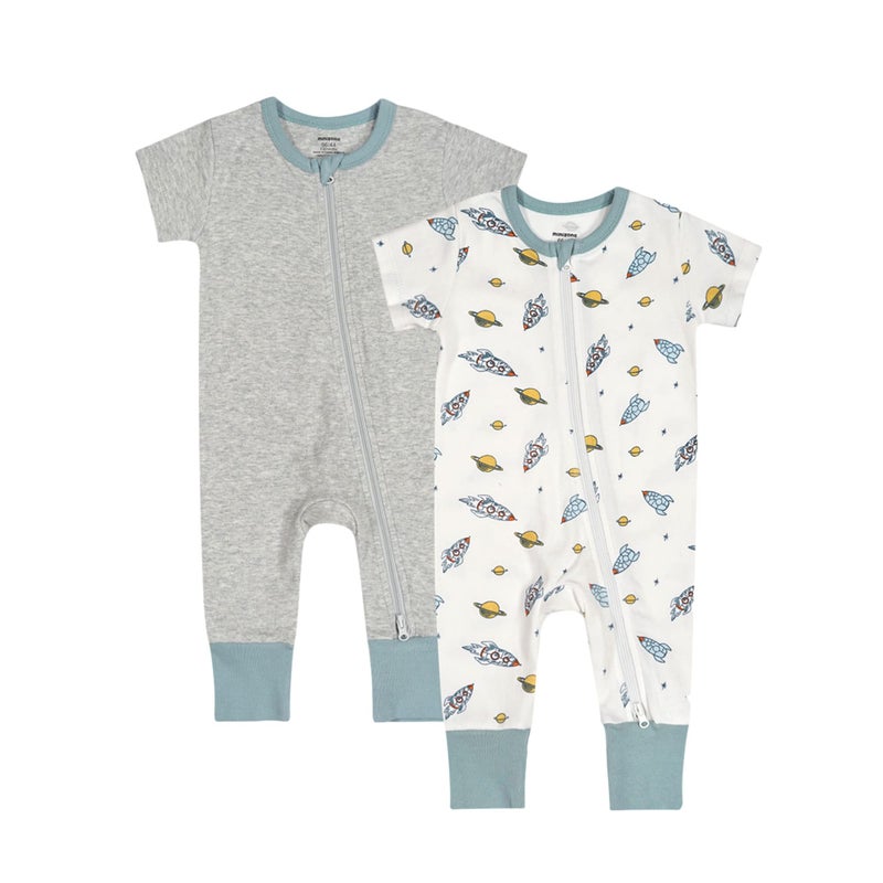 Teach Leanbh Baby Boys Girls 2 Pack Footless Pajamas Cotton Short Sleeve Printing Romper Sleep and Play 3-24 Months (Rocket, 3-6 Months) - Image 1