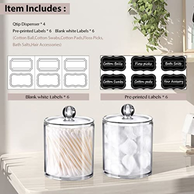SheeChung 4 Pack Plastic Acrylic Bathroom Vanity Countertop Canister Jars with Storage Lid, Apothecary Jars Qtip Holder Makeup Organizer for Cotton Balls, Swabs, Pads, Bath Salts - Image 2