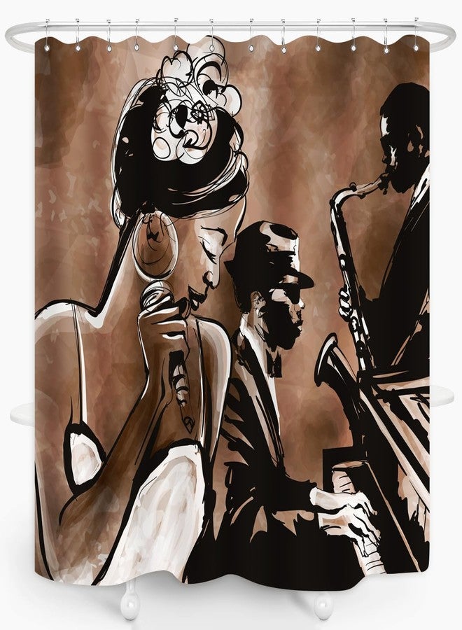 ZXMBF American Woman Jazz Shower Curtain African Black Girl Singing Jazzist Afrocentric Black Art Grunge Style Waterproof Fabric Bathroom Decor 72x72 Inch Brown Plastic Hooks 12 - Image 3