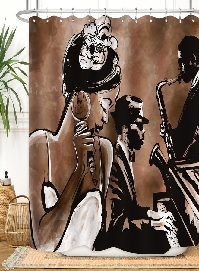 ZXMBF American Woman Jazz Shower Curtain African Black Girl Singing Jazzist Afrocentric Black Art Grunge Style Waterproof Fabric Bathroom Decor 72x72 Inch Brown Plastic Hooks 12 - Image 1