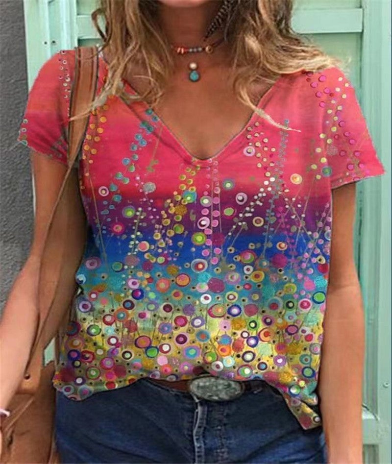 2021 wish loose short sleeve V-neck printed women's T-shirt - Image 1