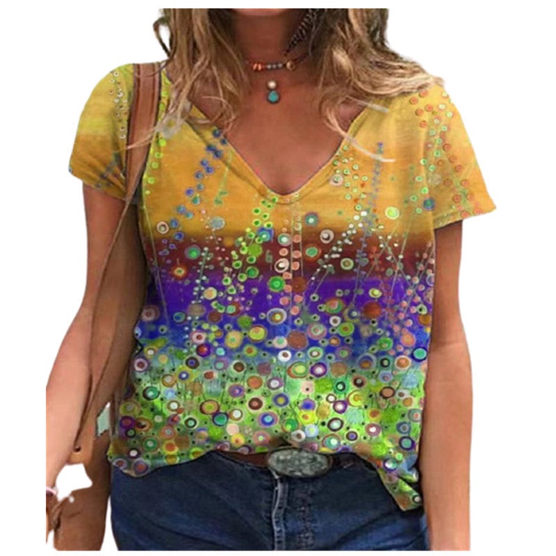 2021 wish loose short sleeve V-neck printed women's T-shirt - Image 5