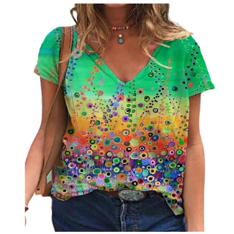 2021 wish loose short sleeve V-neck printed women's T-shirt - Image 2