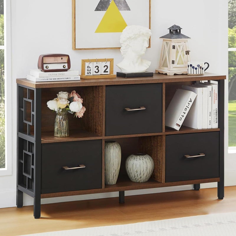 Homissue HOMISSUE 6 Cube Storage Organizer Shelf Rustic Short Bookshelf with 3 Storage Bins Industrial Horizontal Bookshelf with Metal Frame Low and Wide Cube Bookcase for Living Room and Office Brown