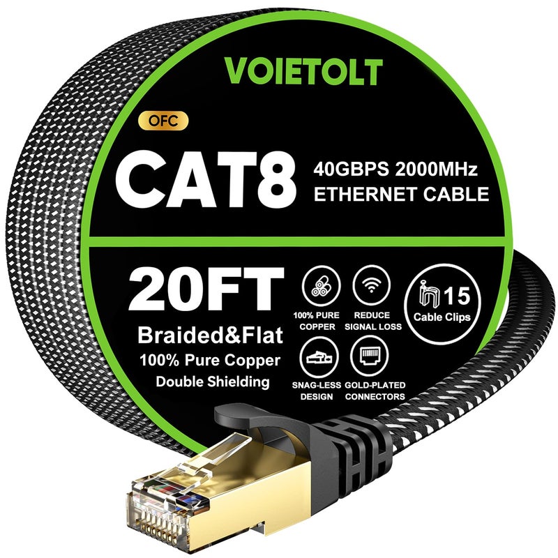 VOIETOLT Cat 8 Ethernet Cable 20 FT Flat, High Speed 40Gbps 2000Mhz Braided Internet Cable with Gold Plated RJ45 Network LAN Cable SSTP, Heavy Duty Ethernet Cord Compatible for PS4/5, for Modems, PC - Image 1