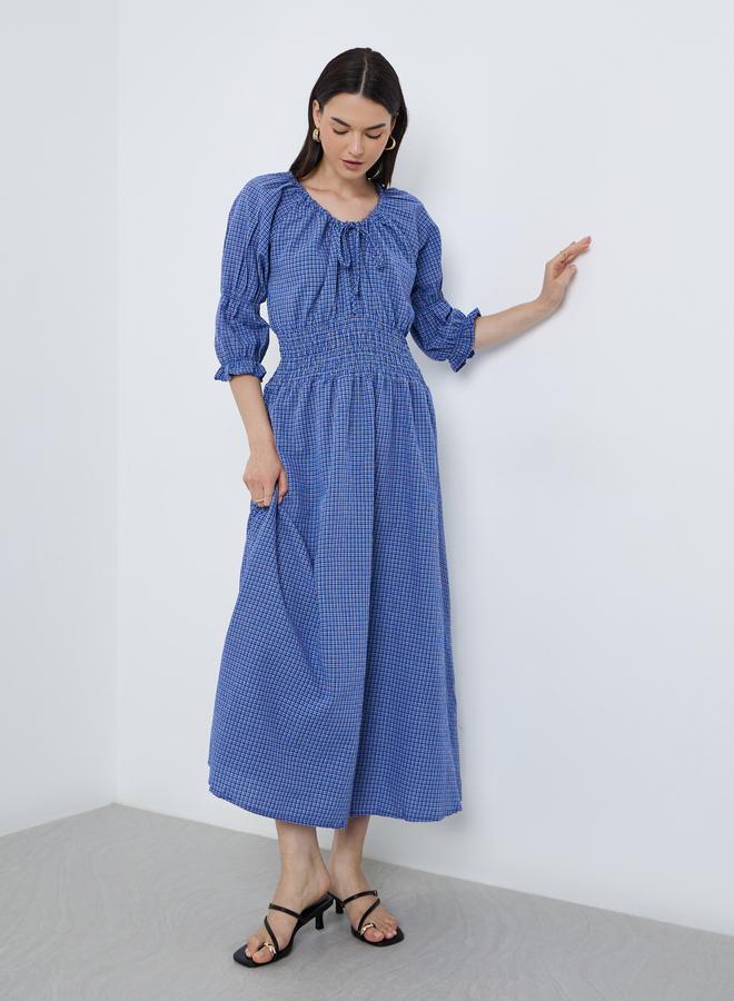 تايك تو فستان ميدي بتفاصيل مُجمعة وياقة بأربطة - Image 1