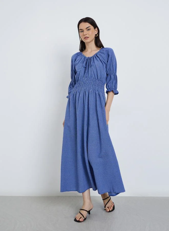 Take Two Take Two Smocked Detail Tie Up Neck Midi Dress