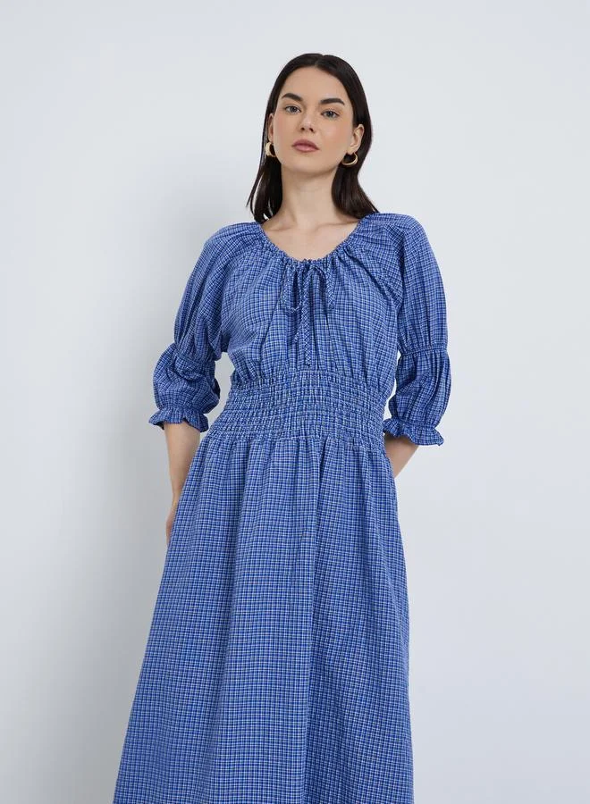 Take Two Take Two Smocked Detail Tie Up Neck Midi Dress