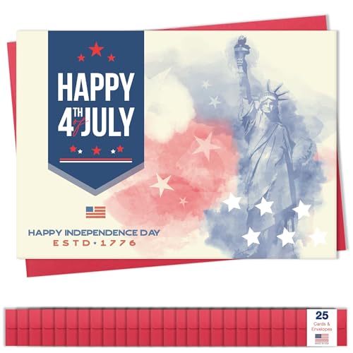 CEO Cards Independence Day Cards for Family & Business (1776 Statue of Liberty) Happy 4th of July Bulk Greeting Card Set Pack of 25 with Red Envelopes (5x7 inch - A7) Office, Work, Employees & Clients (JF2402) - Image 1
