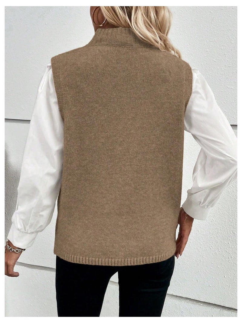 Verdusa Women's Sleeveless Sweater Vest Spring Business Casual Outfits Mock Neck Knit Pullover Sweaters Going Out Tops Brown X-Small - Image 2