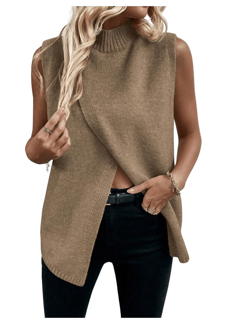 Verdusa Women's Sleeveless Sweater Vest Spring Business Casual Outfits Mock Neck Knit Pullover Sweaters Going Out Tops Brown X-Small - Image 1