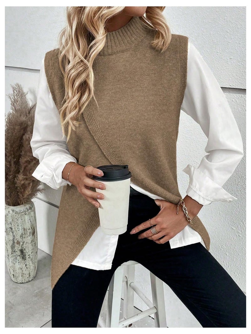 Verdusa Women's Sleeveless Sweater Vest Spring Business Casual Outfits Mock Neck Knit Pullover Sweaters Going Out Tops Brown X-Small - Image 4