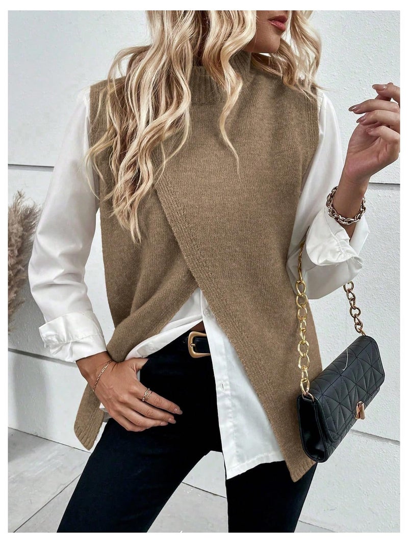 Verdusa Women's Sleeveless Sweater Vest Spring Business Casual Outfits Mock Neck Knit Pullover Sweaters Going Out Tops Brown X-Small - Image 3