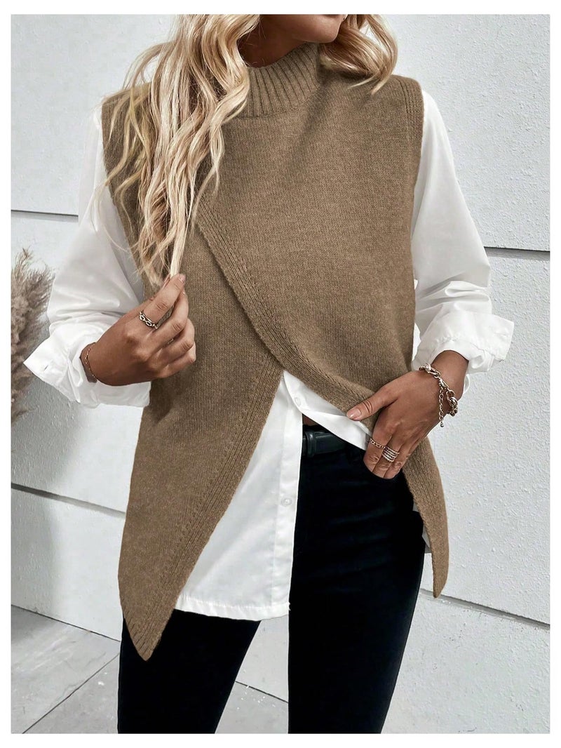 Verdusa Women's Sleeveless Sweater Vest Spring Business Casual Outfits Mock Neck Knit Pullover Sweaters Going Out Tops Brown X-Small - Image 5