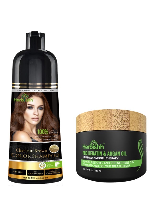 Herbishh Hair Color Shampoo Chestnut Brown for Grey Hair 500ml + Argan Hair Mask for Dry or Damaged Hair 150ml - Image 1