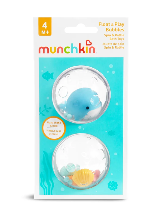 Munchkin Pack Of 2 Float And Play Bubbles, Stimulate Baby'S Sense Of Sight, Hearing And Touch, Hand + Eye Coordination, 4M+ Whale