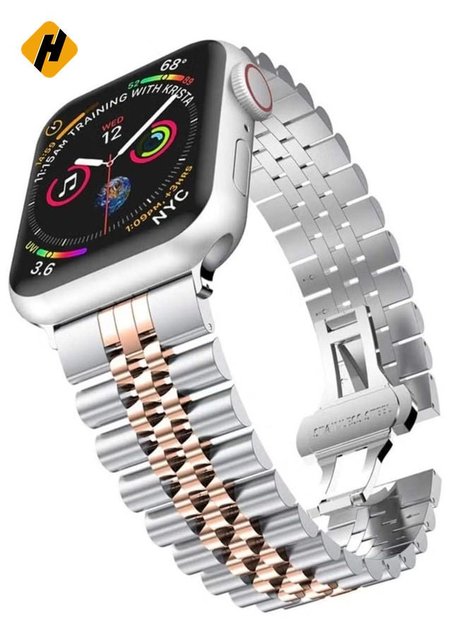 HuHa Replacement Band Compatible with Apple Watch 45mm / 44mm / 42mm, Stainless Steel Solid Strap Metal Bracelet for Apple Watch Series 7 6 5 4 3 2 SE (Silver + Rose Gold)  - Image 3