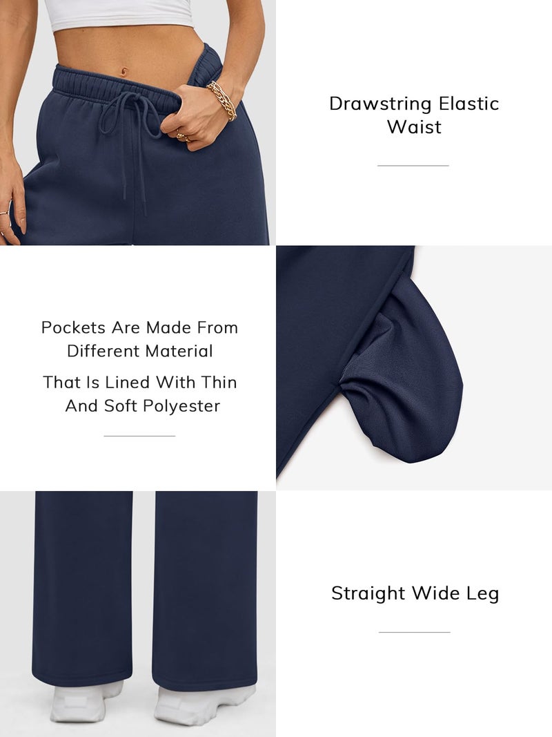ATHMILE Womenâ€™s Flare Sweatpants Fleece Lined Baggy Extra Long Cute Pants High Wasited Athletic Joggers with Pockets Navy Blue - Image 4