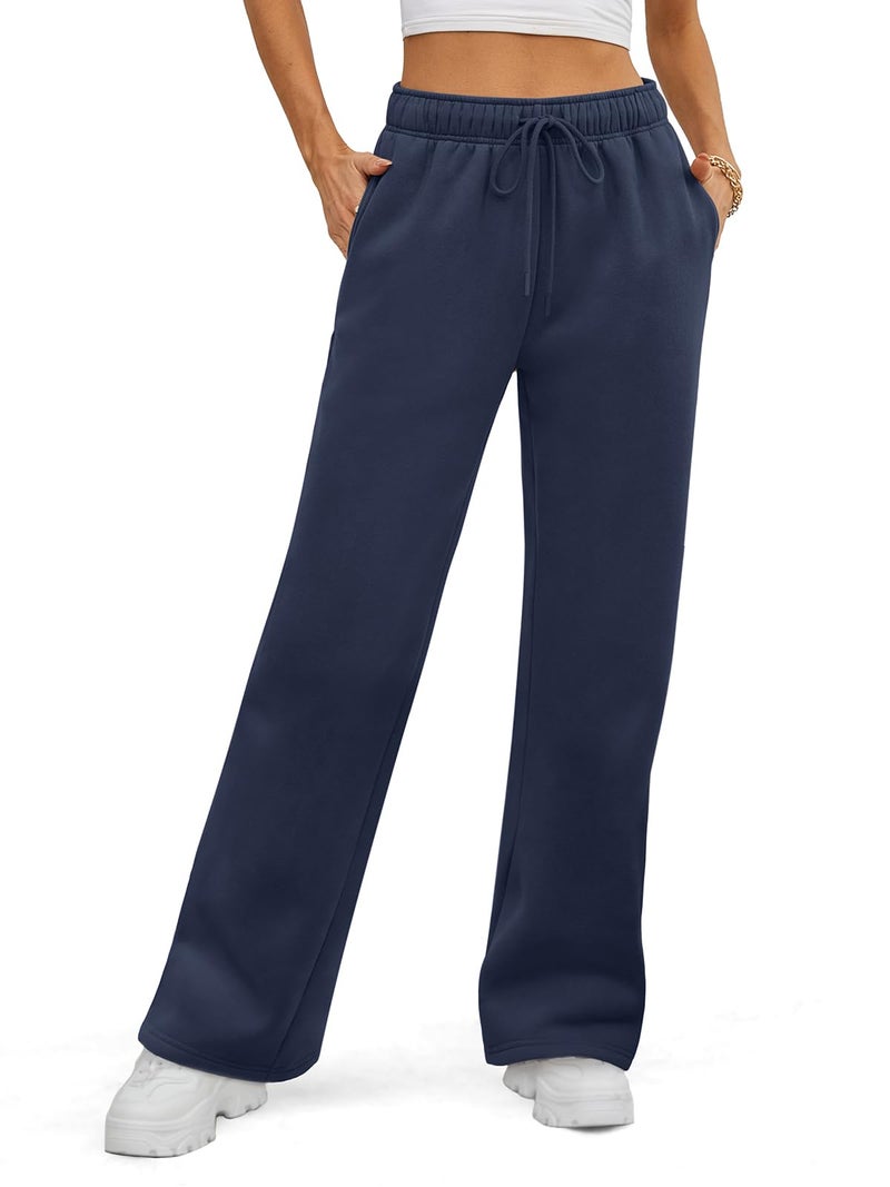 ATHMILE Womenâ€™s Flare Sweatpants Fleece Lined Baggy Extra Long Cute Pants High Wasited Athletic Joggers with Pockets Navy Blue - Image 1