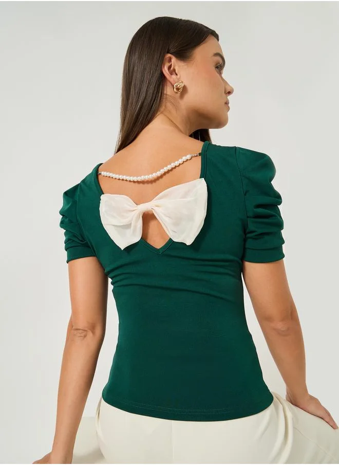 تايك تو Take Two Solid Puff Sleeves Slim Fit T-Shirt with Back Bow Detail