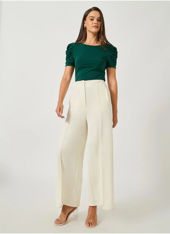 تايك تو Take Two Solid Puff Sleeves Slim Fit T-Shirt with Back Bow Detail