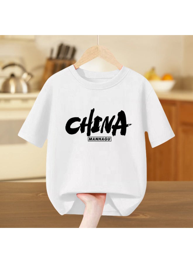 National Day Short-sleeved T-shirt Chinese Children's Cotton Half-sleeved Primary And Secondary School Students' Kindergarten Activity Class Clothes White Top