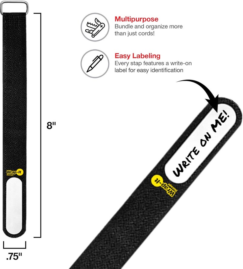 Wrap-It Storage Cinch-Straps, 8-in (18-Pack) Black - Hook and Loop Strap with Write on Label for Easy Cord Identification and Cable Management - Image 2