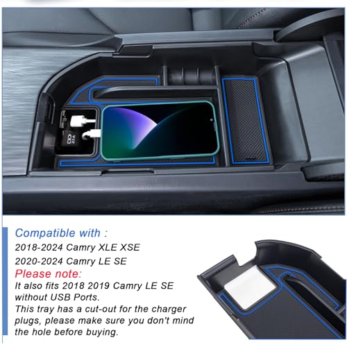 TOPINSTALL Blue Center Console Tray Compatible with 2018-2024 Toyota Camry XLE XSE and 2020-2023 2024 Camry LE SE with Dual USB Ports, Interior Accessories Armrest Console Organizer (Not for 2025) - Image 4