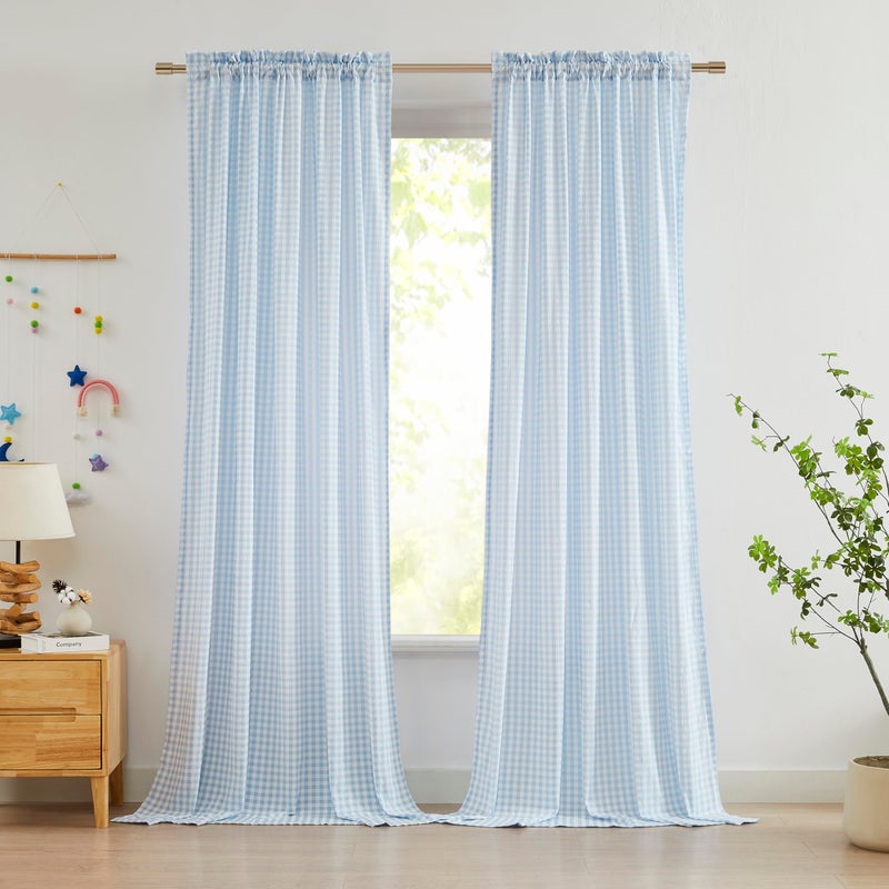 ZJDECOR 84 Inches Blue Buffalo Plaid Curtains,Farmhouse Crinkled Not-See-Through Sheer Drapes,Window Treatment for Bedroom Living Room Nursery,Rod Pocket,Tiebacks Included,52" Wx84 L(Pack of 2) - Image 1