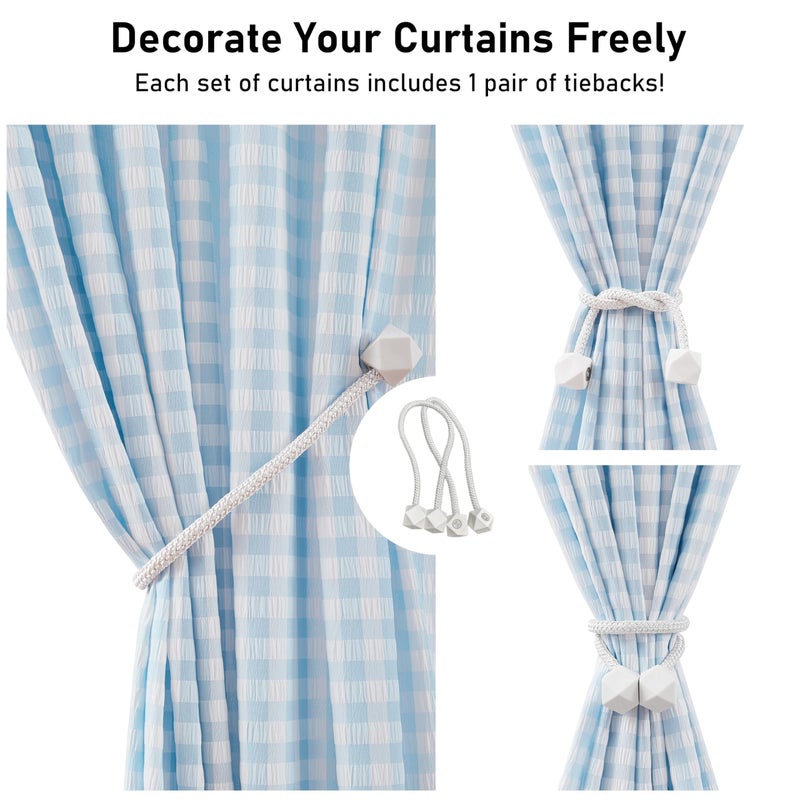 ZJDECOR 84 Inches Blue Buffalo Plaid Curtains,Farmhouse Crinkled Not-See-Through Sheer Drapes,Window Treatment for Bedroom Living Room Nursery,Rod Pocket,Tiebacks Included,52" Wx84 L(Pack of 2) - Image 3