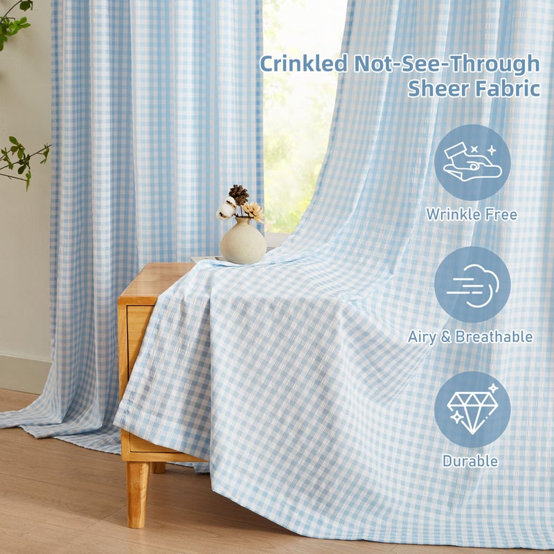 ZJDECOR 84 Inches Blue Buffalo Plaid Curtains,Farmhouse Crinkled Not-See-Through Sheer Drapes,Window Treatment for Bedroom Living Room Nursery,Rod Pocket,Tiebacks Included,52" Wx84 L(Pack of 2) - Image 2