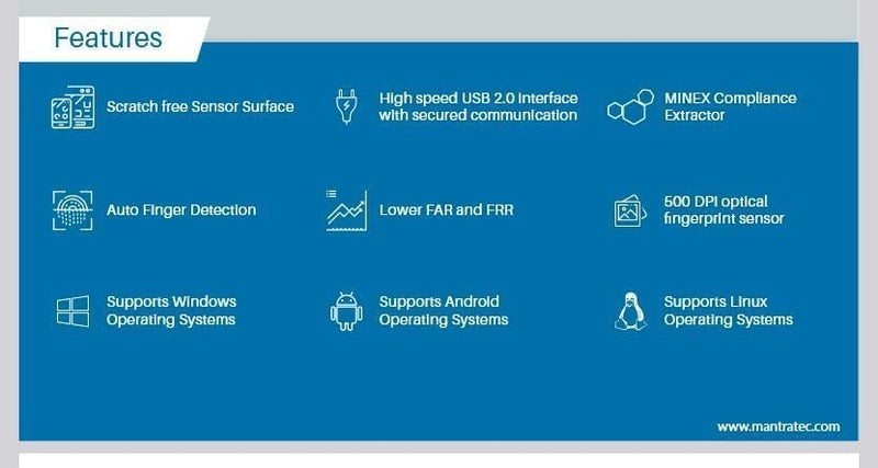 OBT ماسح بصمات الأصابع البيومتري مانترا MFS 110 L1، واجهة USB، أزرق وأسود - Image 2