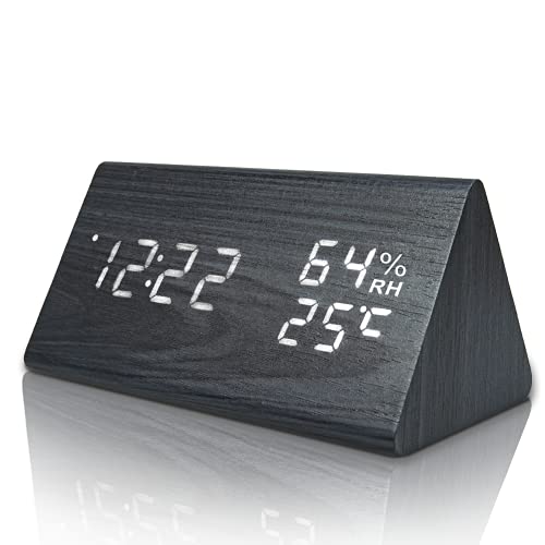 Kadio Everwood Kadio Wooden Digital Alarm Clock with Electronic Led Time Display,Humidity&Temperature Detect for Bedroom,Bedside(Brown Triangle)-10 Cm - Image 1