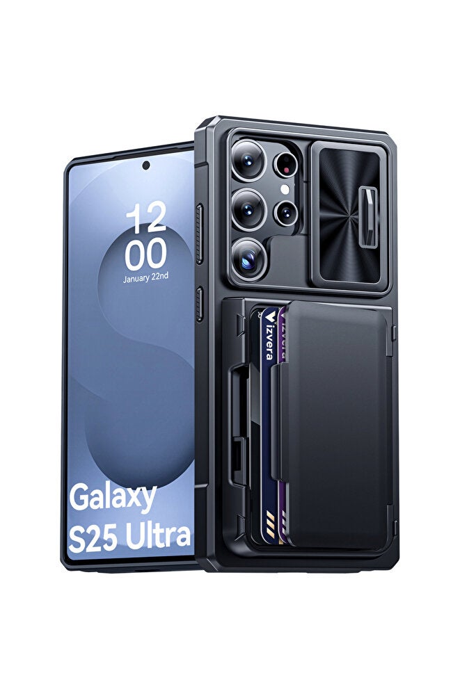 For Galaxy S25 Ultra black for S25 Ultra Case Wallet, Cards Holder (4 Cards) & Camera Cover & Kick