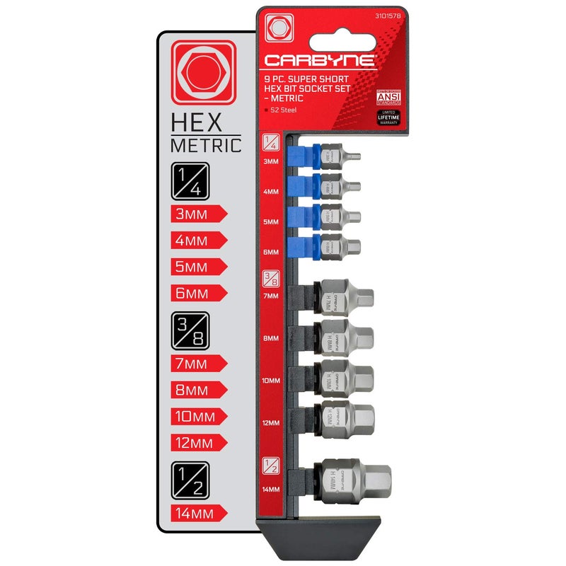 CARBYNE 9-Piece Metric Super Short Low Profile Hex (Allen) Bit Socket Set | 3mm to 14mm, Dual-Drive: Internal Square Drive & External Hex Drive â€¢ From a Family-Run Tool Company in the U.S.