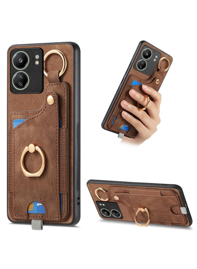 جرين تايجر جراب هاتف Redmi 13C Retro Skin-feel Ring Card Bag مع حلقة تعليق (بني)