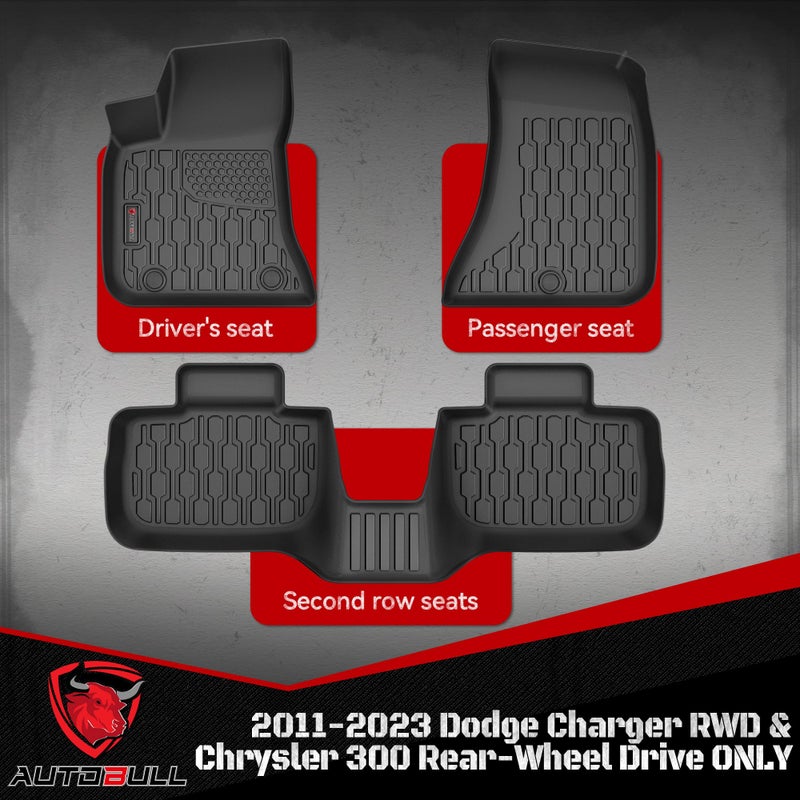 AUTOBULL Floor Mats Compatible with 2011-2023 Dodge Charger RWD & Chrysler 300 Rear-Wheel Drive ONLY, All Weather TPE Floor Liners, Custom Fit Car mats, 1st & 2nd Row, Black - Image 2