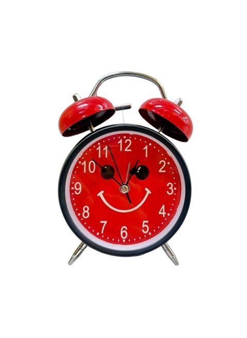 Analog Table Clock with Silent Non-Ticking Alarm | Battery Operated Twin Bell Clock | Retro Metal Desk Clock for Bedroom & Home Décor | Smiley Emoji Round Shape | Red & Black
