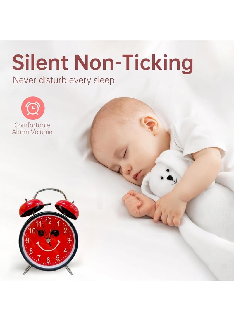 Analog Table Clock with Silent Non-Ticking Alarm | Battery Operated Twin Bell Clock | Retro Metal Desk Clock for Bedroom & Home Décor | Smiley Emoji Round Shape | Red & Black
