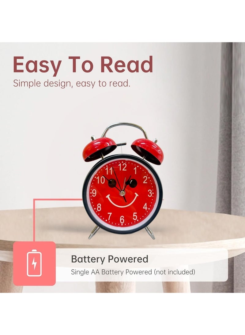 Analog Table Clock with Silent Non-Ticking Alarm | Battery Operated Twin Bell Clock | Retro Metal Desk Clock for Bedroom & Home Décor | Smiley Emoji Round Shape | Red & Black