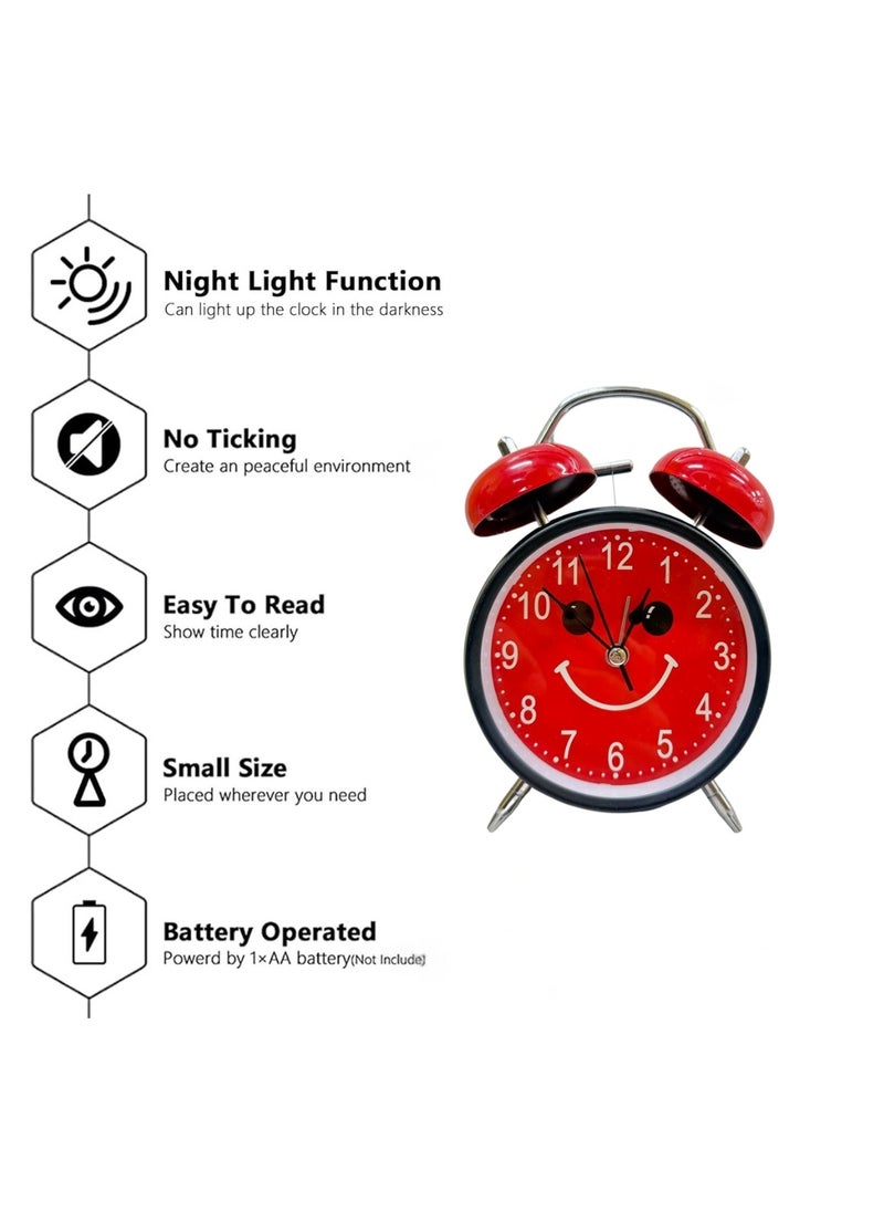Analog Table Clock with Silent Non-Ticking Alarm | Battery Operated Twin Bell Clock | Retro Metal Desk Clock for Bedroom & Home Décor | Smiley Emoji Round Shape | Red & Black
