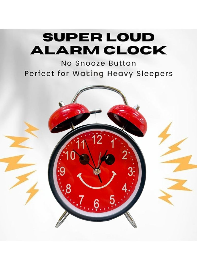 Analog Table Clock with Silent Non-Ticking Alarm | Battery Operated Twin Bell Clock | Retro Metal Desk Clock for Bedroom & Home Décor | Smiley Emoji Round Shape | Red & Black