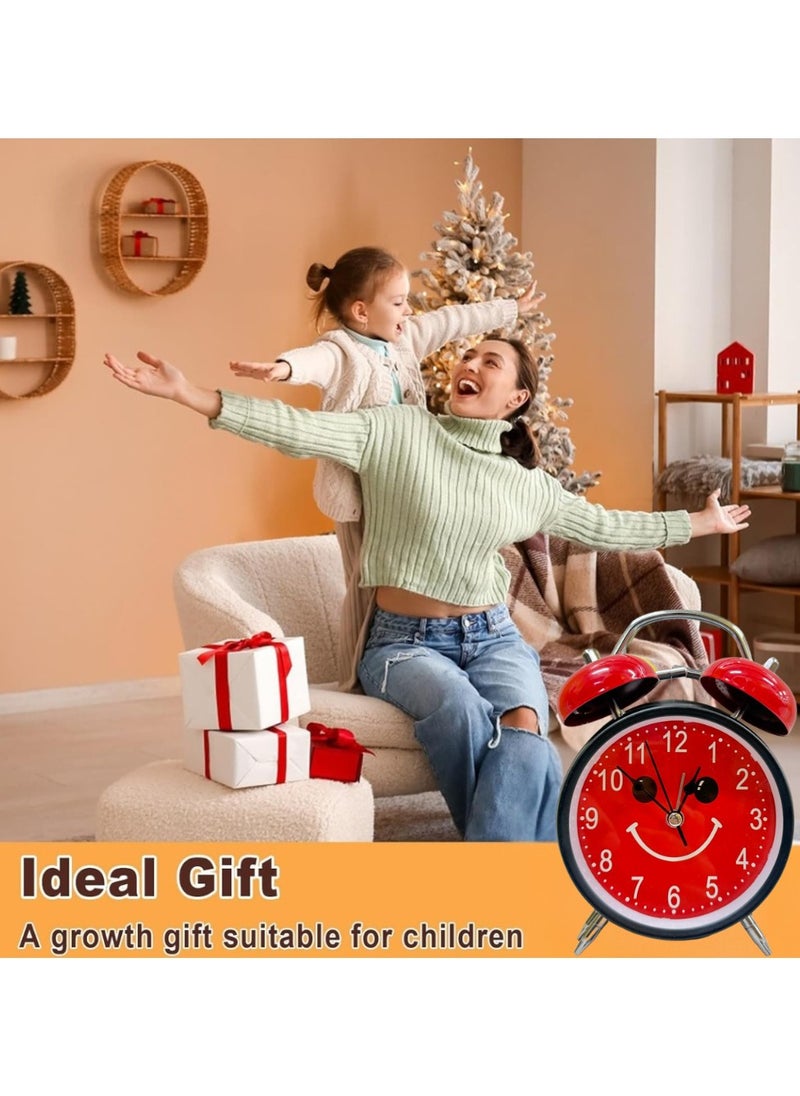 Analog Table Clock with Silent Non-Ticking Alarm | Battery Operated Twin Bell Clock | Retro Metal Desk Clock for Bedroom & Home Décor | Smiley Emoji Round Shape | Red & Black