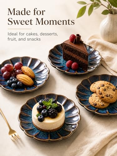 SHIDACHENG Small Dessert Plates Set of 4,Ceramic Dinner Plates 5.7 Inch for Appetizer, Fruits, Cake, Salad,Microwave Safe,Christmas Gift,Flambe Blue - Image 2