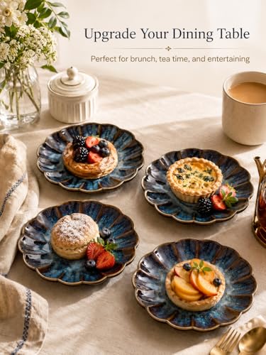 SHIDACHENG Small Dessert Plates Set of 4,Ceramic Dinner Plates 5.7 Inch for Appetizer, Fruits, Cake, Salad,Microwave Safe,Christmas Gift,Flambe Blue - Image 4