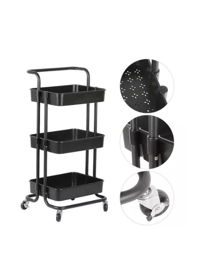 MTL 3-Tier Rolling Shelves Metal Cart Organizer Black 85x42x35cm - Image 5