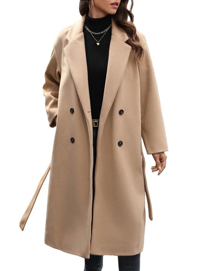 HOTIAN Women's Winter Wool Blend Coat Double Breasted Casual Notch Lapel Long Trench Overcoat Peacoat, Khaki, XL - Image 1